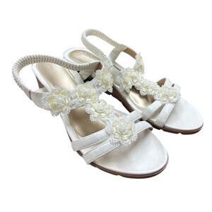 Shibever Womens 9.5 White Elastic Strap Open Toe Flower 2.25" Wedge Heel Shoes